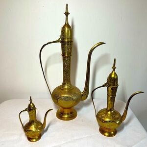 Etched BRASS tea pots. Vintage. LARGE IS 17”. Gorgeous! Set of three. See pics!